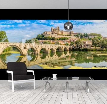 Picture of Panoramic view at the Old Bridge over Orb river with Cathedral of Saint Nazaire in Beziers - France